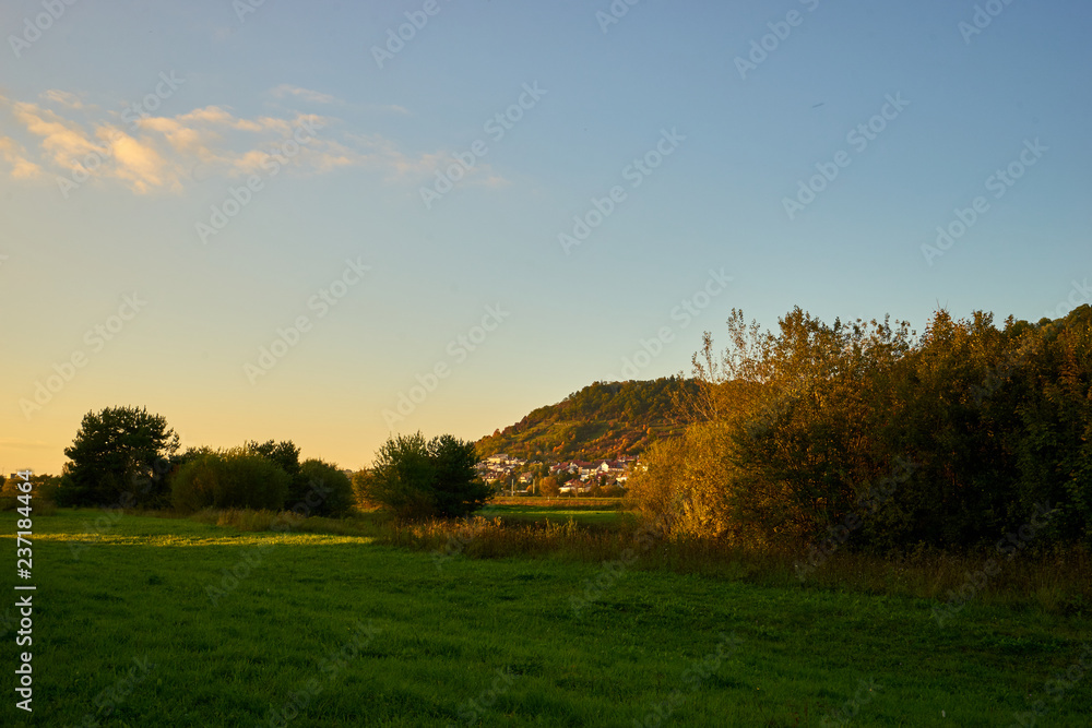 Fototapeta premium Weinberge und Mainaue im Abt-Degen-Weintal bei Ziegelanger, Ortsteil von Zeil am Main, Kreis Haßberge, Landkreis Hassberge, Unterfranken, Franken, Bayern, Deutschland.