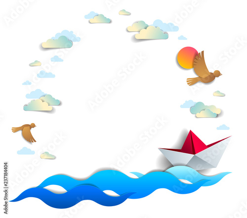 Beach and palms  ocean waves and origami paper ship toy swimming  frame or border with copy space  beautiful vector card of scenic seascape with toy boat floating in the sea and birds in the sky.