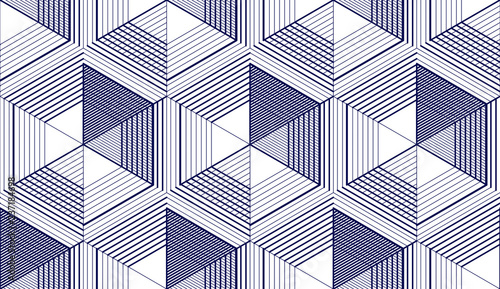 Geometric 3d lines abstract seamless pattern, vector background. Technology style engineering line drawing endless illustration. Single color, black and white. 