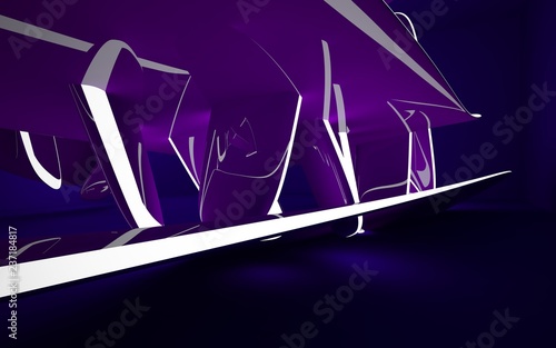 Abstract interior of the future in a minimalist style with violet violet sculpture. Night view from the backligh. Architectural background. 3D illustration and rendering photo