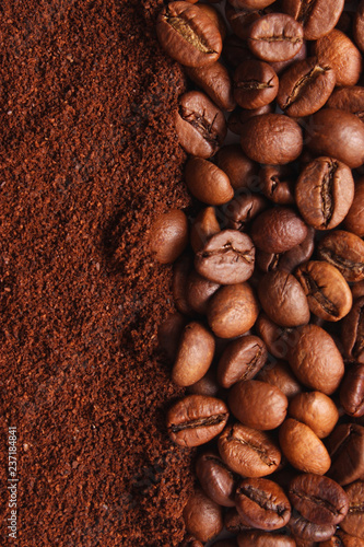 coffee beans and ground coffee. background