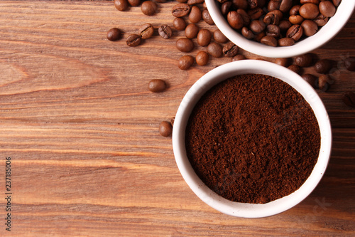 coffee beans and ground coffee closeup, aromatic coffee, coffee drinks