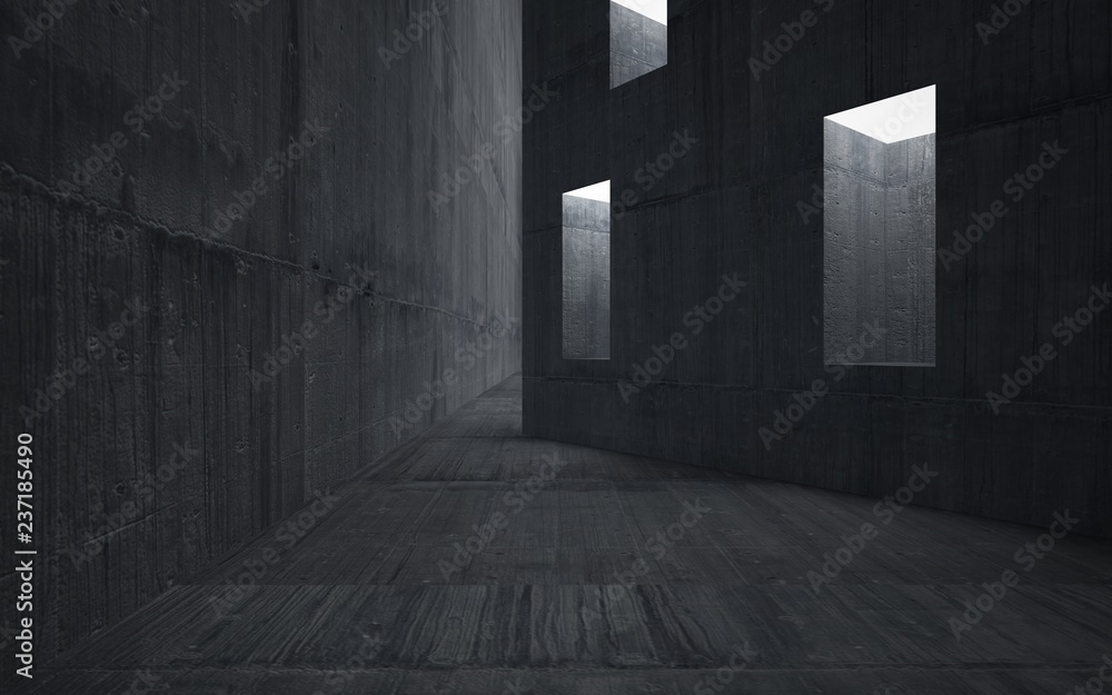 Abstract background in the form of high-rise buildings made of dark concrete.. Night view of the illuminated. 3D illustration and rendering