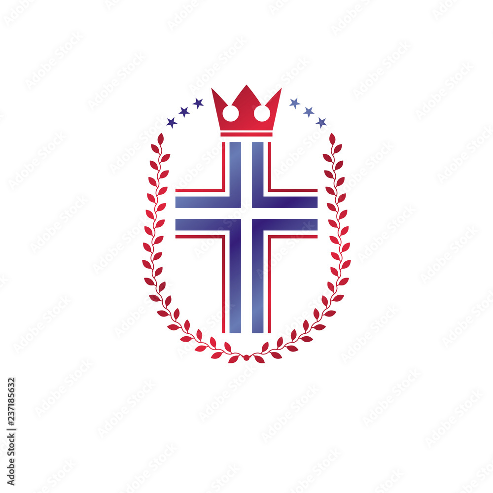 Fototapeta premium Christian Cross decorative emblem. Heraldic vector design element composed with laurel wreath and imperial crown. Retro style label, heraldry logo, religious vintage symbol.