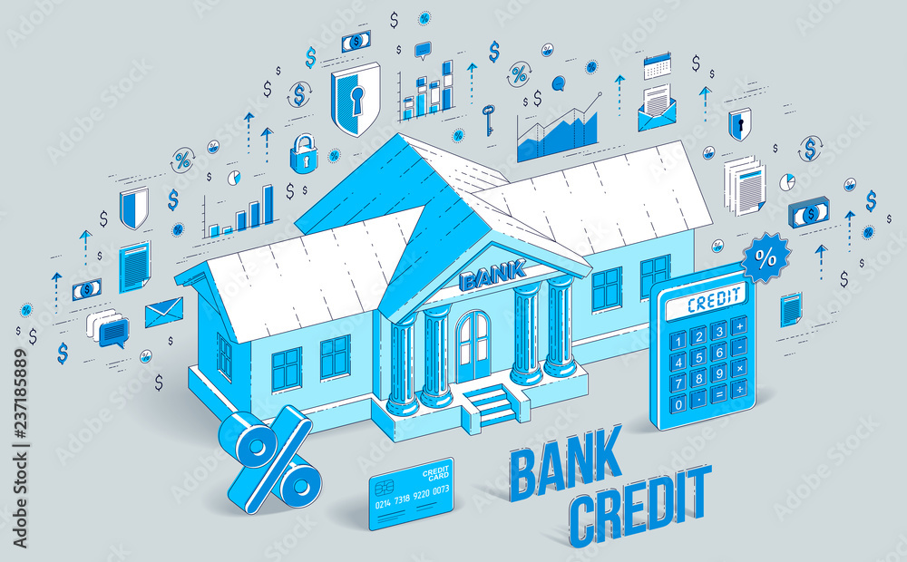 Credit concept, bank building with calculator and percent symbol isolated on white background, banking theme. 3d vector business isometric illustration with icons, stats charts and design elements.