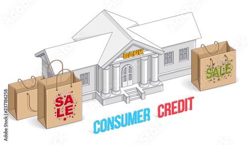 Consumer credit concept, bank building with shopping bags isolated on white background, banking theme. Isometric vector business and finance illustration, 3d thin line design.