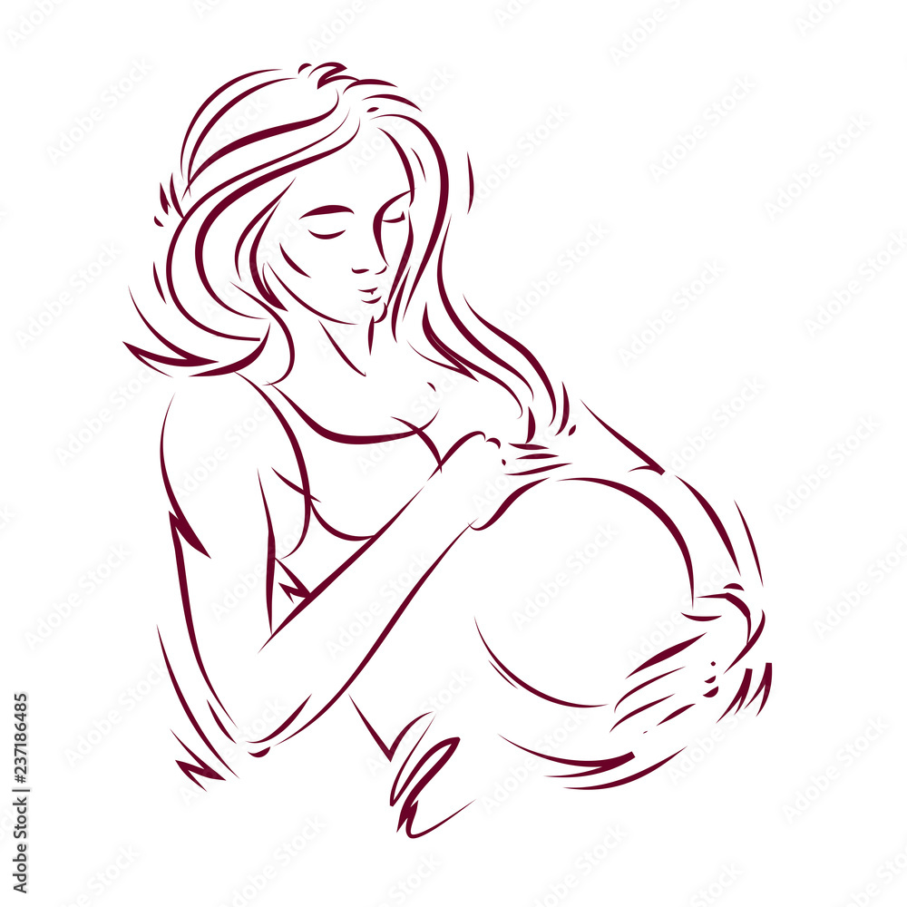 Pregnant female body shape hand drawn vector illustration, beautiful lady gently touching her belly. Love and tenderness concept. Pregnant female body shape hand drawn vector illustration, beautiful lady gently touching her belly. Love and tenderness concept.