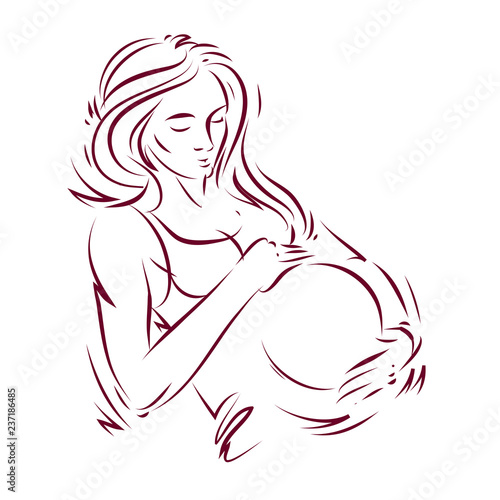 Pregnant female body shape hand drawn vector illustration, beautiful lady gently touching her belly. Love and tenderness concept.