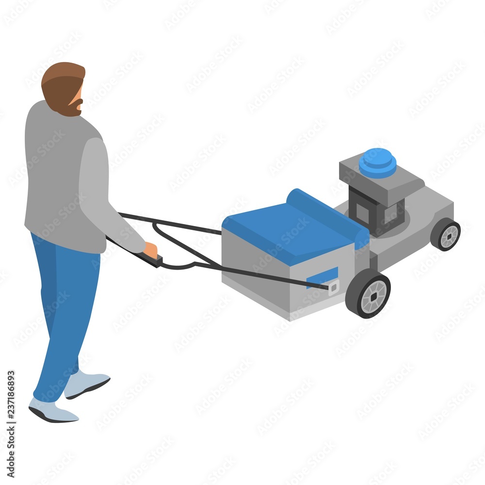 Man use grass cutter icon. Isometric of man use grass cutter vector icon for web design isolated on white background Man use grass cutter icon. Isometric of man use grass cutter vector icon for web design isolated on white background