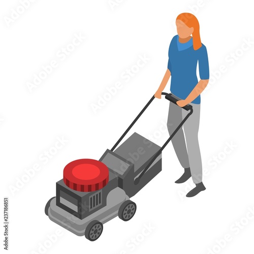 Woman use lawnmower icon. Isometric of woman use lawnmower vector icon for web design isolated on white background