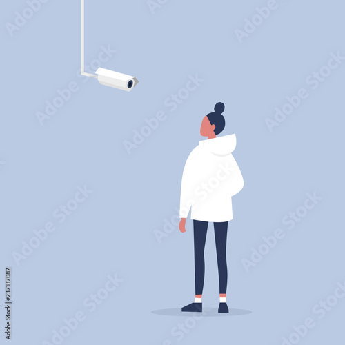 Surveillance. Young female character looking at the CCTV camera. Spying technologies. Flat editable vector illustration, clip art
