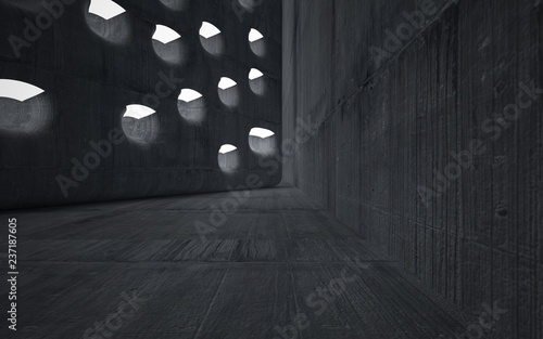 Abstract background in the form of high-rise smooth buildings made of dark concrete.. Night view of the illuminated. 3D illustration and rendering