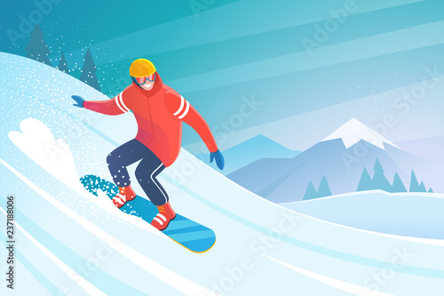Snowboarding. Vector illustration of sliding snowboarder in trendy flat style, isolated on snow mountains background.