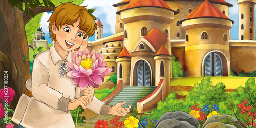 Fototapeta Naklejka Na Ścianę i Meble -  Cartoon nature scene with beautiful castles near the forest with handsome young boy - illustration for the children