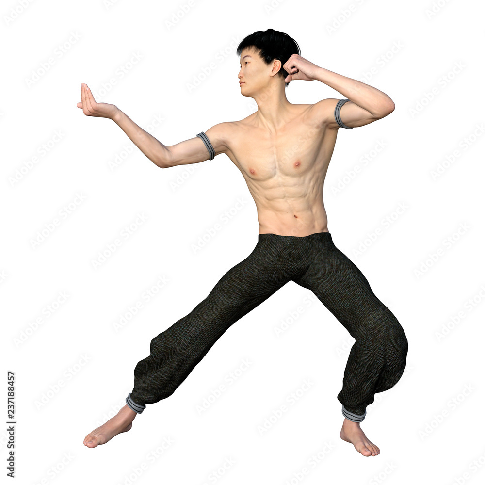 3D Rendering Fighting Asian Man on White 3D Rendering Fighting Asian Man on White
