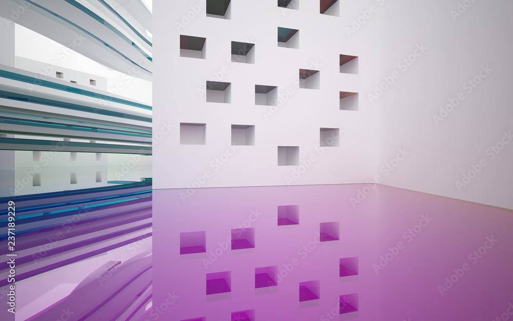 Fototapeta premium Abstract white interior with colored gradient glossy lines and floor. 3D illustration and rendering