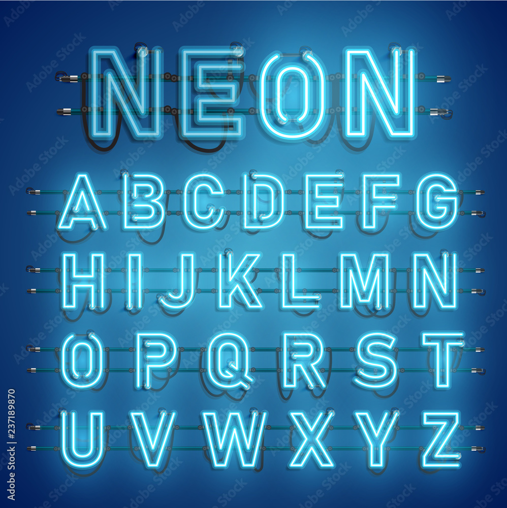 Realistic neon font with wires and console, vector illustration