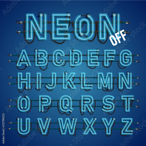 Realistic neon font with wires and console  vector illustration