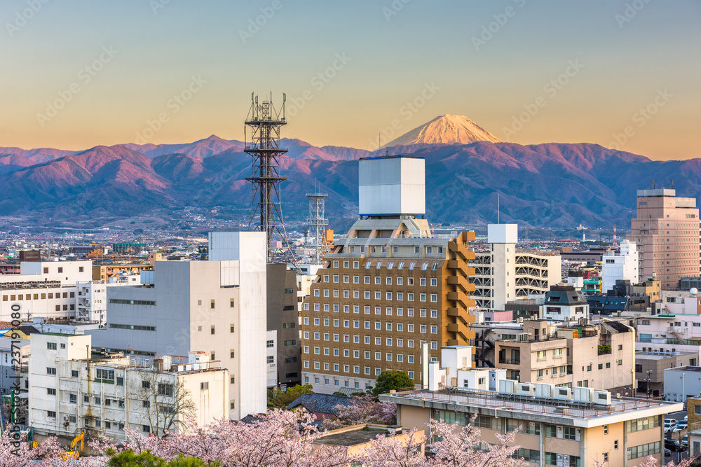 Kofu, Japan city skyline with Mt. Fuji