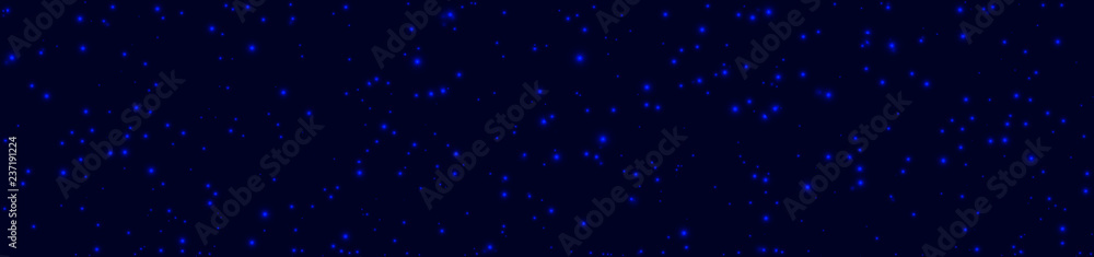 Banner with Bright stars in dark blue night sky.