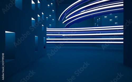 Abstract interior of the future in a minimalist style with violet violet sculpture. Night view from the backligh. Architectural background. 3D illustration and rendering photo