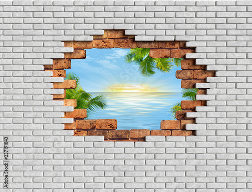 Fototapeta Naklejka Na Ścianę i Meble -  3D hole wall bricks illusion with sea landscape 3D rendering