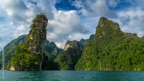 Panoramic view to landscape with mountains and Cheow lan lake natural attractions in Khao Sok National Park, Surat Thani Province, Thailand.