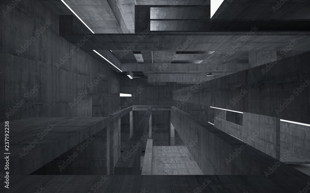 Obraz premium Empty dark abstract concrete room interior. Architectural background. Night view of the illuminated. 3D illustration and rendering