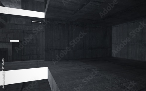 Empty dark abstract concrete room interior. Architectural background. Night view of the illuminated. 3D illustration and rendering