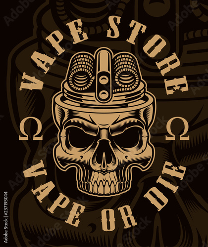 Vector illustration of vaping skull on the dark background.