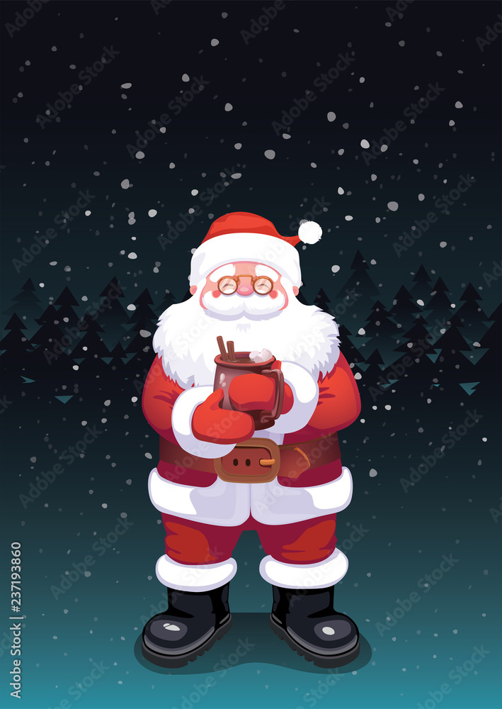 Cute Santa Claus standing with cup of hot Chocolate with marshmallow and cinnamon stick on a dark forest background snow falling Cute Santa Claus standing with cup of hot Chocolate with marshmallow and cinnamon stick on a dark forest background snow falling