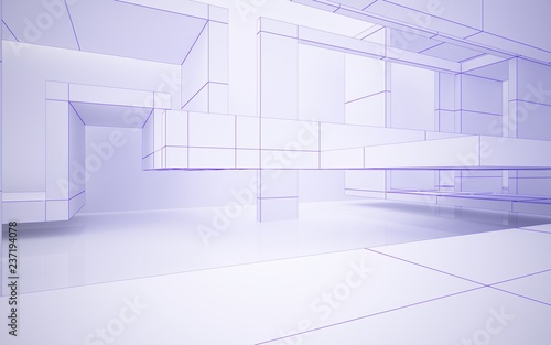 Abstract white interior highlights future. Polygon violet drawing. Architectural background. 3D illustration and rendering