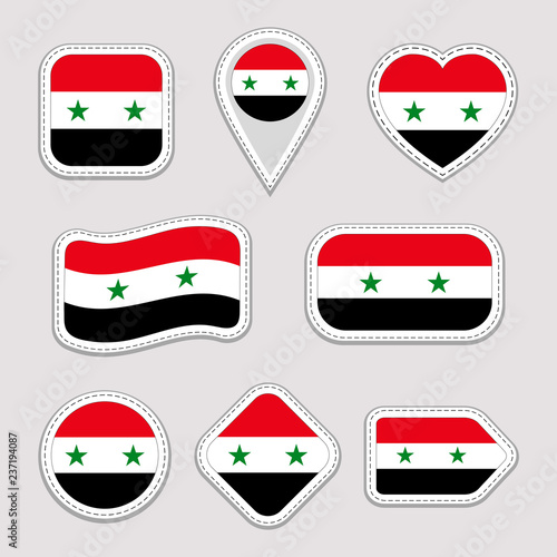 Syria flag stickers set. Syrian national symbols badges. Isolated geometric icons. Vector official flags collection. Sport pages, patriotic, travel, school, design elements. Different shapes. Free Download Syria flag stickers set. Syrian national symbols badges. Isolated geometric icons. Vector official flags collection. Sport pages, patriotic, travel, school, design elements. Different shapes. - GFXLoad