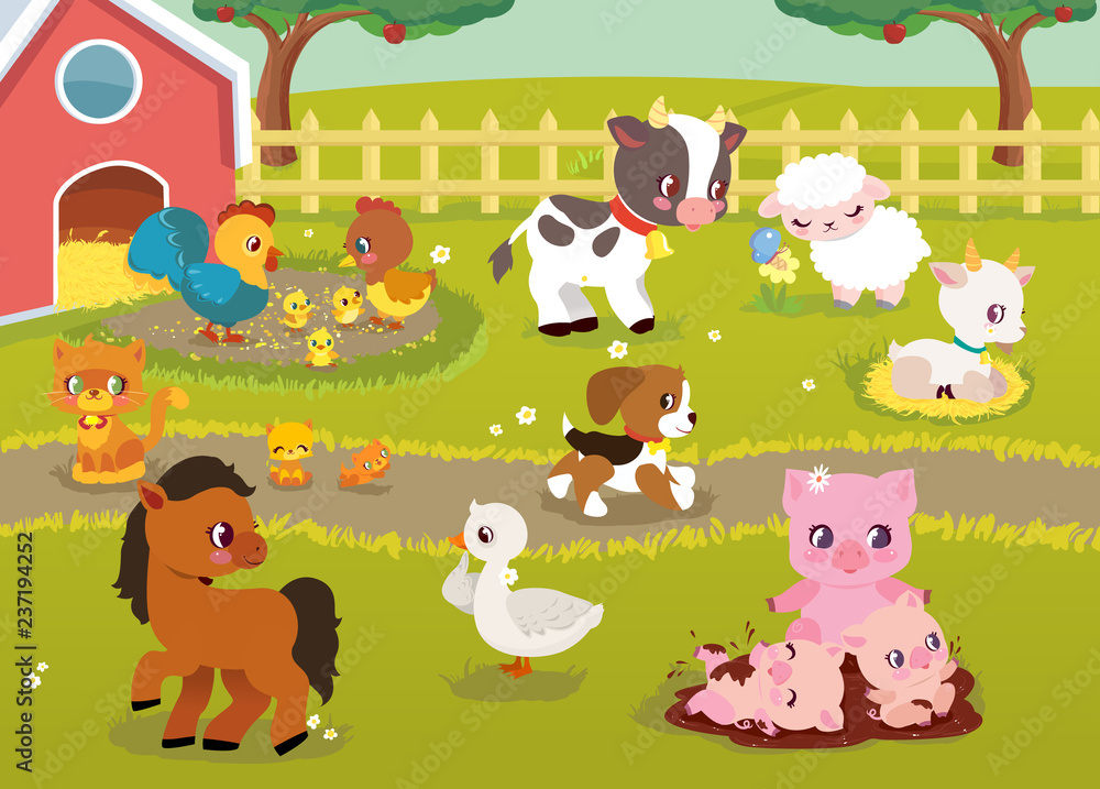 Fototapeta premium Cute Baby Farm animals with village landscape - cow, pig, sheep, horse, rooster, chicken, hen, goose, goat, cat, dog. Cute cartoon vector illustration in flat style