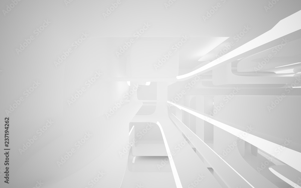 Abstract smooth white interior of the future. Night view from the backlight. Architectural background. 3D illustration and rendering Abstract smooth white interior of the future. Night view from the backlight. Architectural background. 3D illustration and rendering
