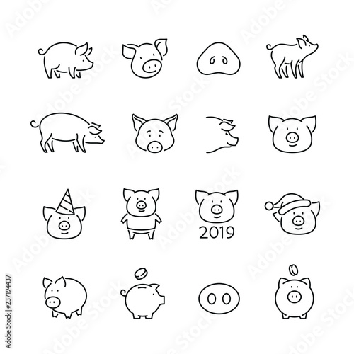 Pig related icons: thin vector icon set, black and white kit