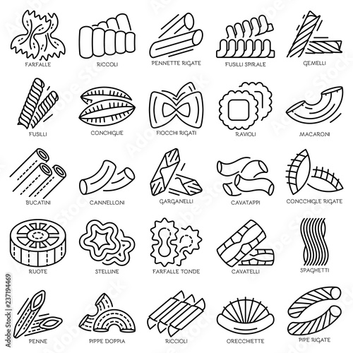 Pasta icon set. Outline set of pasta vector icons for web design isolated on white background
