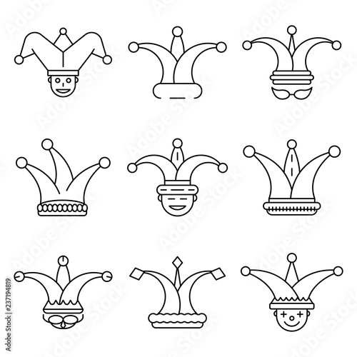 Jester icon set. Outline set of jester vector icons for web design isolated on white background