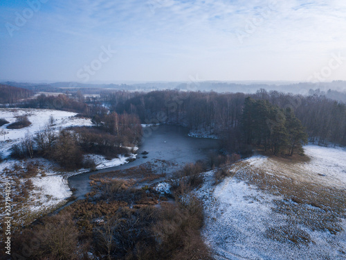 Aerial: Winter landscape in countryside