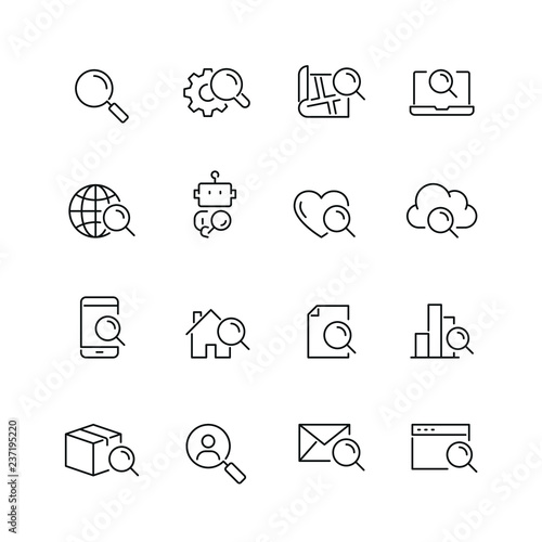 Search related icons: thin vector icon set, black and white kit