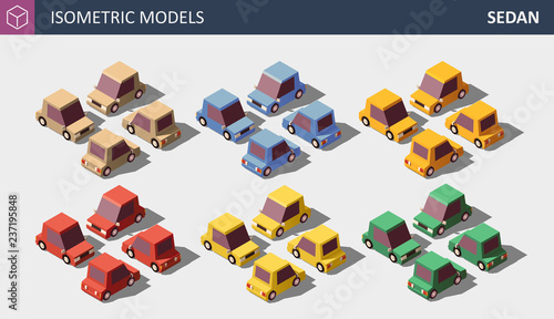 Vector Low Poly Personal Cars Set in Six Colors.