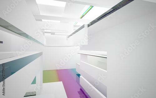 Abstract white interior with colored gradient glossy lines and floor. 3D illustration and rendering