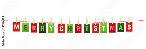 MERRY CHRISTMAS colorful letters banner pinned to string with pegs