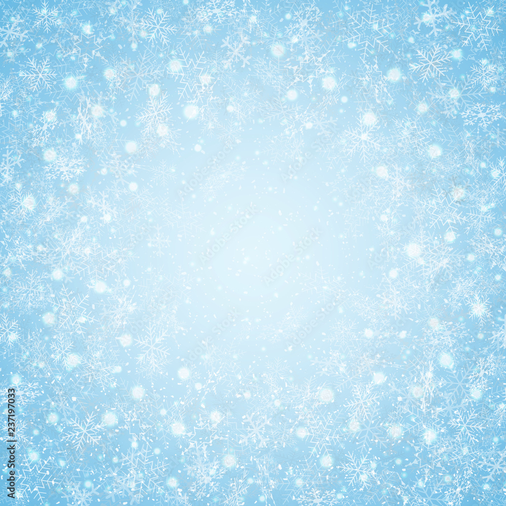 Fototapeta premium Christmas of center blue sky snowflakes pattern background.