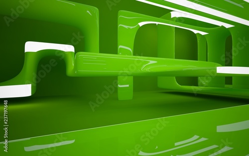 Abstract interior of the future in a minimalist style with green sculpture. Night view from the backligh. Architectural background. 3D illustration and rendering photo