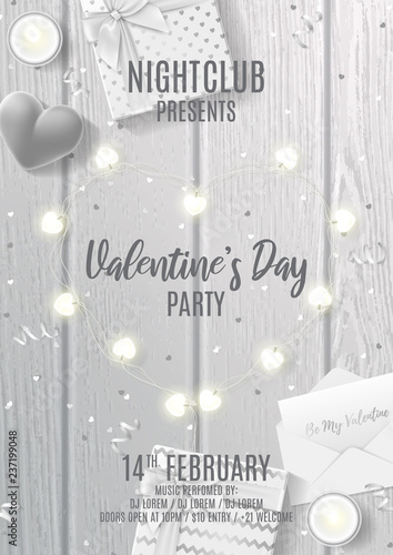 Valentine's Day party flyer template. Vector illustration with garland. Top view on silver serpentine and confetti, gift boxes and ring box on wooden texture. Invitation to nightclub.