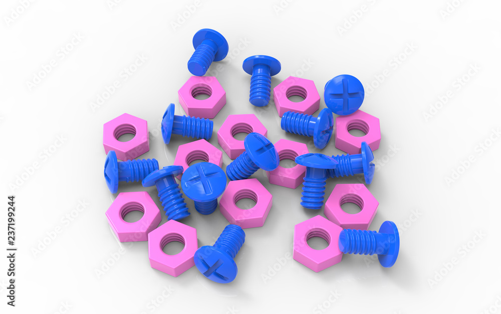 Fototapeta premium Plastic toy blue screw and pink nut couple