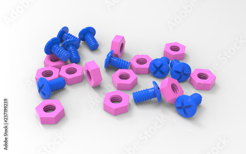 Plastic toy blue screw and pink nut couple