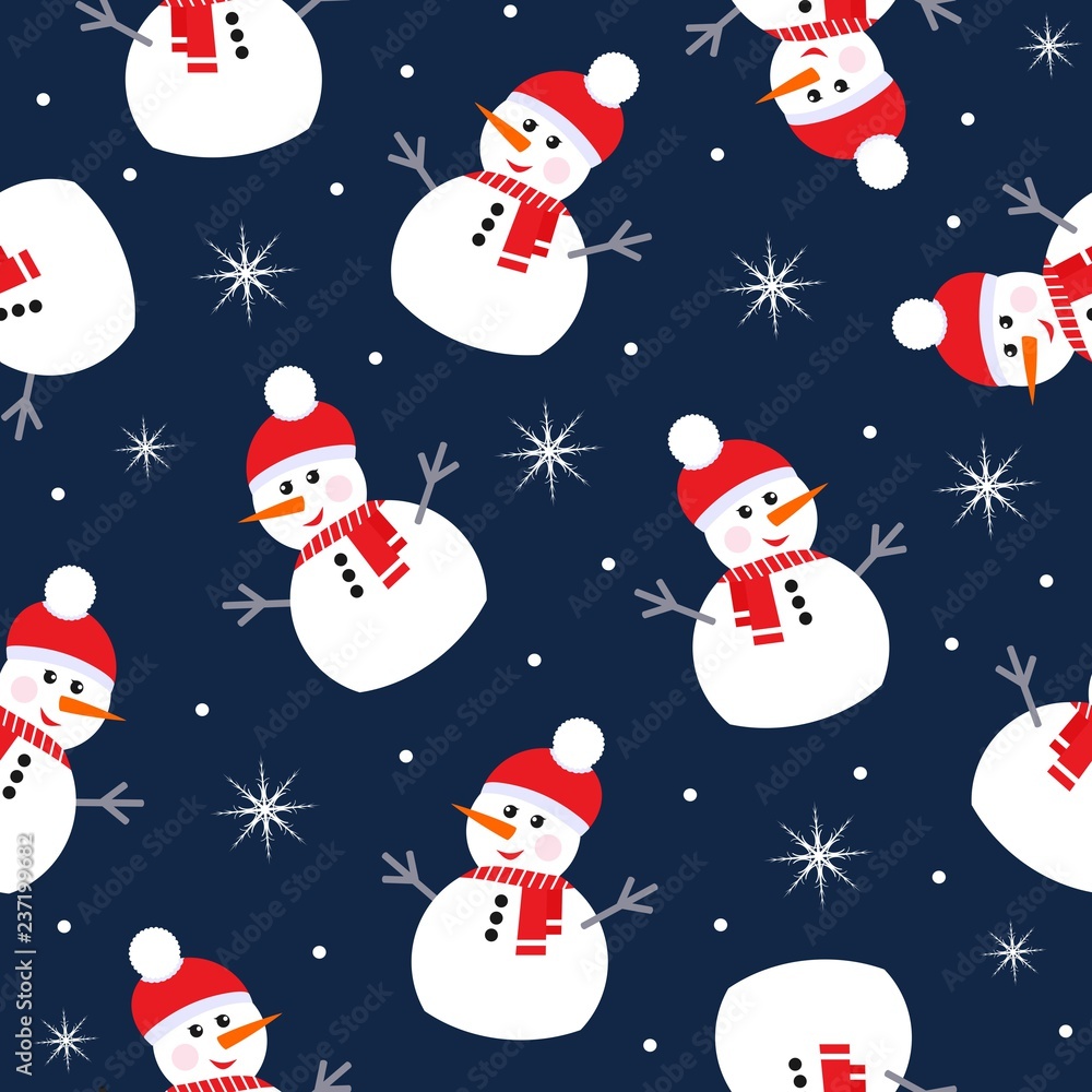 Seamless background with snowman and snowflake. Design for wrapping, fabric, print. Vector illustration. Seamless background with snowman and snowflake. Design for wrapping, fabric, print. Vector illustration.