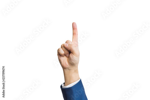 businessman, one finger on the hand of a man in a suit, on a white background, finger gesture idea, indicate